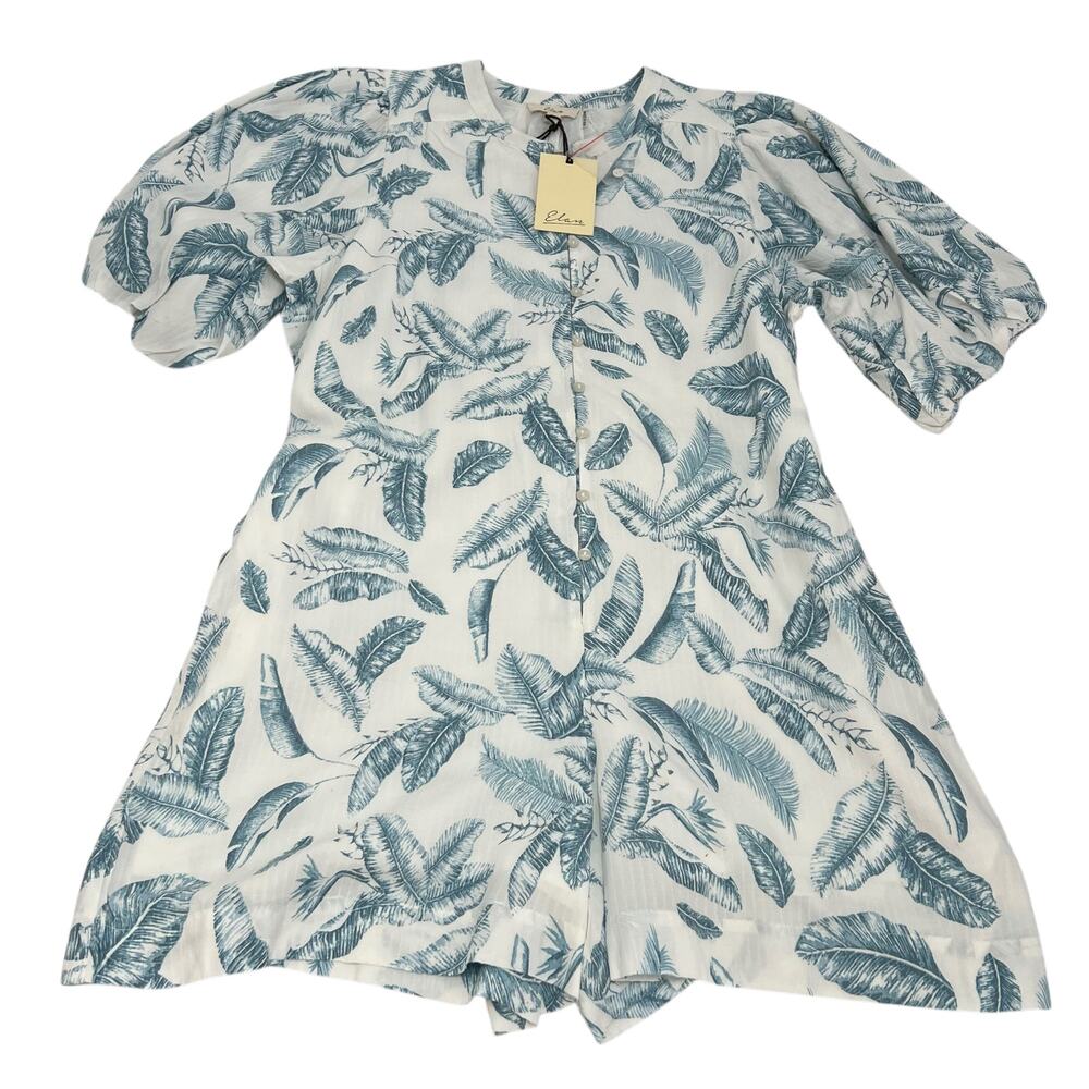 Elan White Romper with Teal Leaf Print